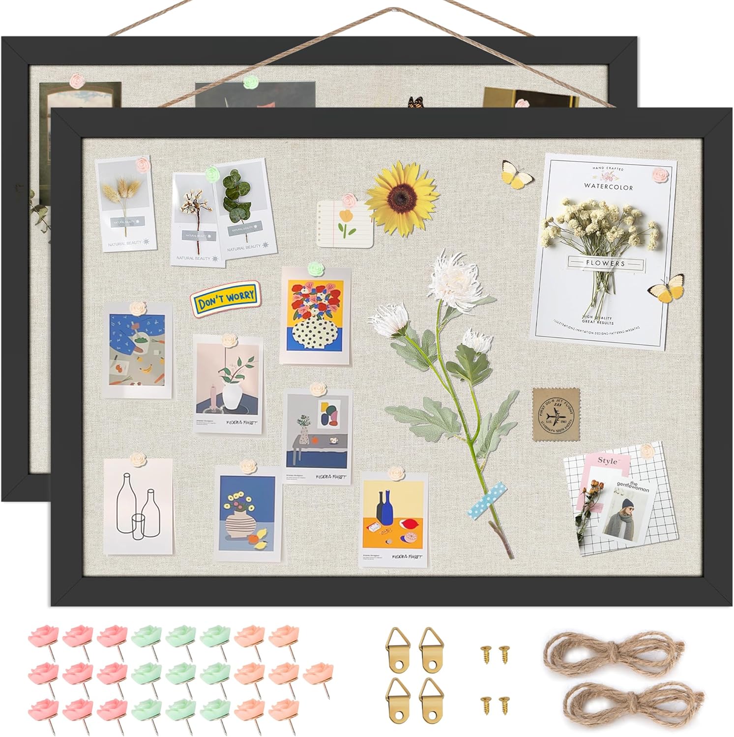Cork Board Bulletin Board 16.7" x 11", 2-Pack Small Linen Corkboards with Frame for Walls, Cute Picture Display Pin Board Vision Board for Room School Office Bedroom 25 Pushpins Vintage Black - Lumora Desk