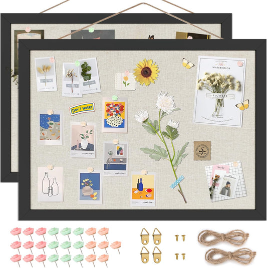 Cork Board Bulletin Board 16.7" x 11", 2-Pack Small Linen Corkboards with Frame for Walls, Cute Picture Display Pin Board Vision Board for Room School Office Bedroom 25 Pushpins Vintage Black - Lumora Desk
