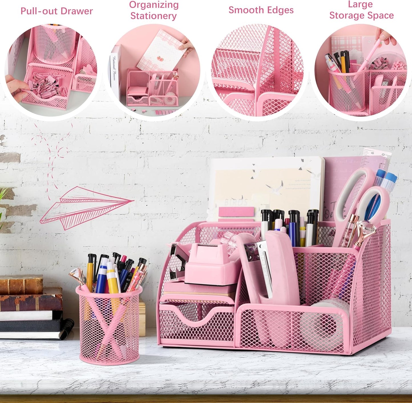 Fayoo 11 Pcs Pink Office Supplies Set Mesh Desk Organizer Accessories Kit include Stapler Tape Dispenser Staple Remover Clips Ruler Scissors Sticky Notes for Office School Home Women (Pink)