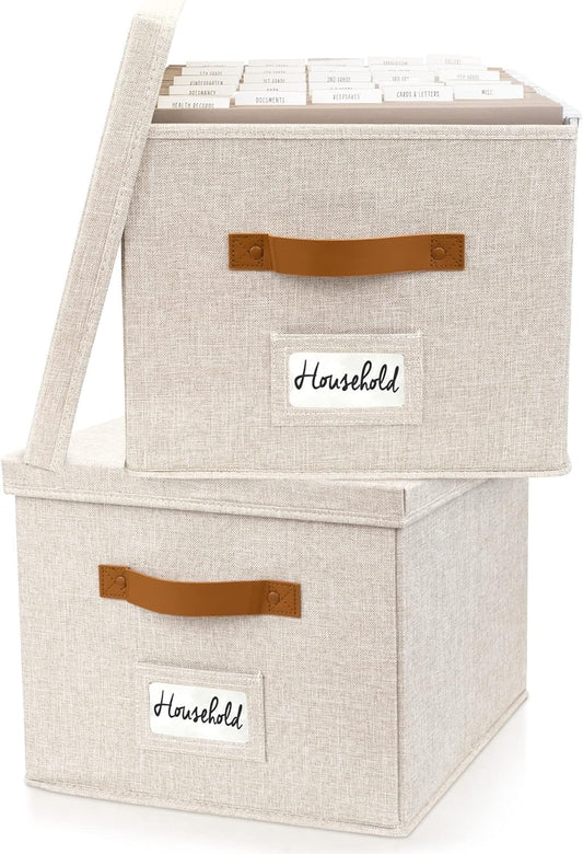 ZICOTO Decorative File Organizer Box Set of 2 - Collapsible Linen Filing Cabinets w/Handles Are Perfect to Store all Your Documents & Hanging File Folders - Portable Easy Slide Crates with Lid