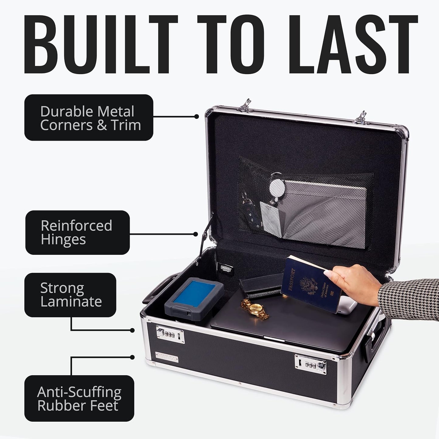 Vaultz Storage Lock Box - 6.5 x 23 x 13.5 Inch - Secure Dorm Storage Trunk with Combination Lock - Ideal Briefcase, Medicine Box, and Personal Item Lock Box - Store Cash, Laptop - Black/Silver