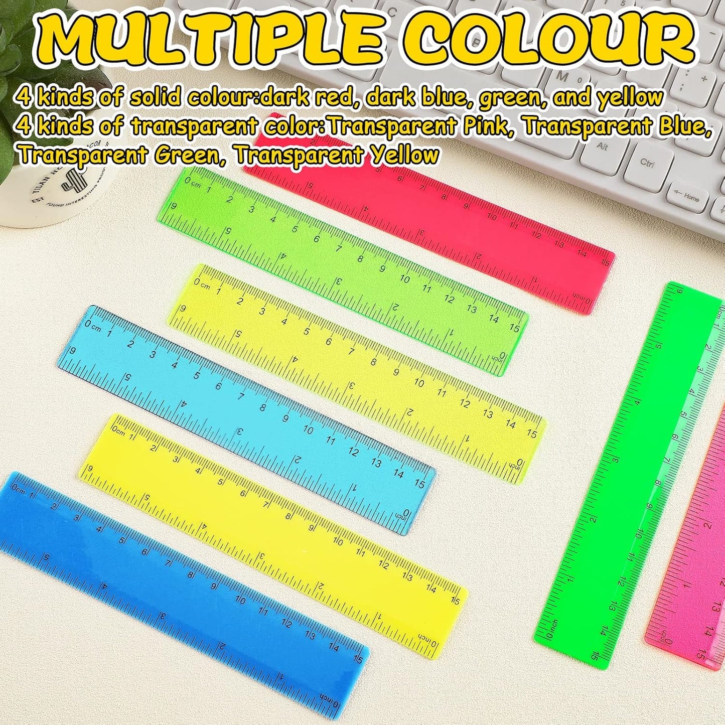 Teling 192 Pack Rulers Bulk for Classroom Transparent Colorful Metric Rulers with Inches and Centimeters 8 Colors for Kids Back to School Supplies(6 Inch)