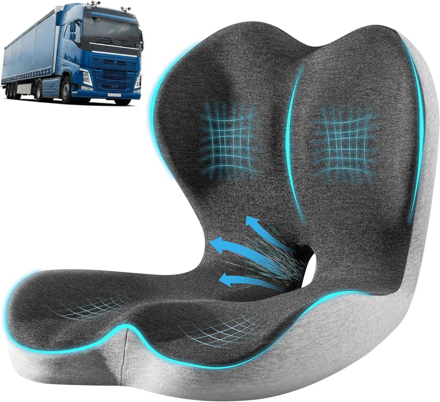 StarAneer Ultimate L-Shaped Truck Driver Seat Cushion - Ergonomic Memory Foam Back & Tailbone Support - Breathable Cool-Mesh Pressure Relief Pad for Office Chairs, Semi-Trucks, & Long-Haul Driving
