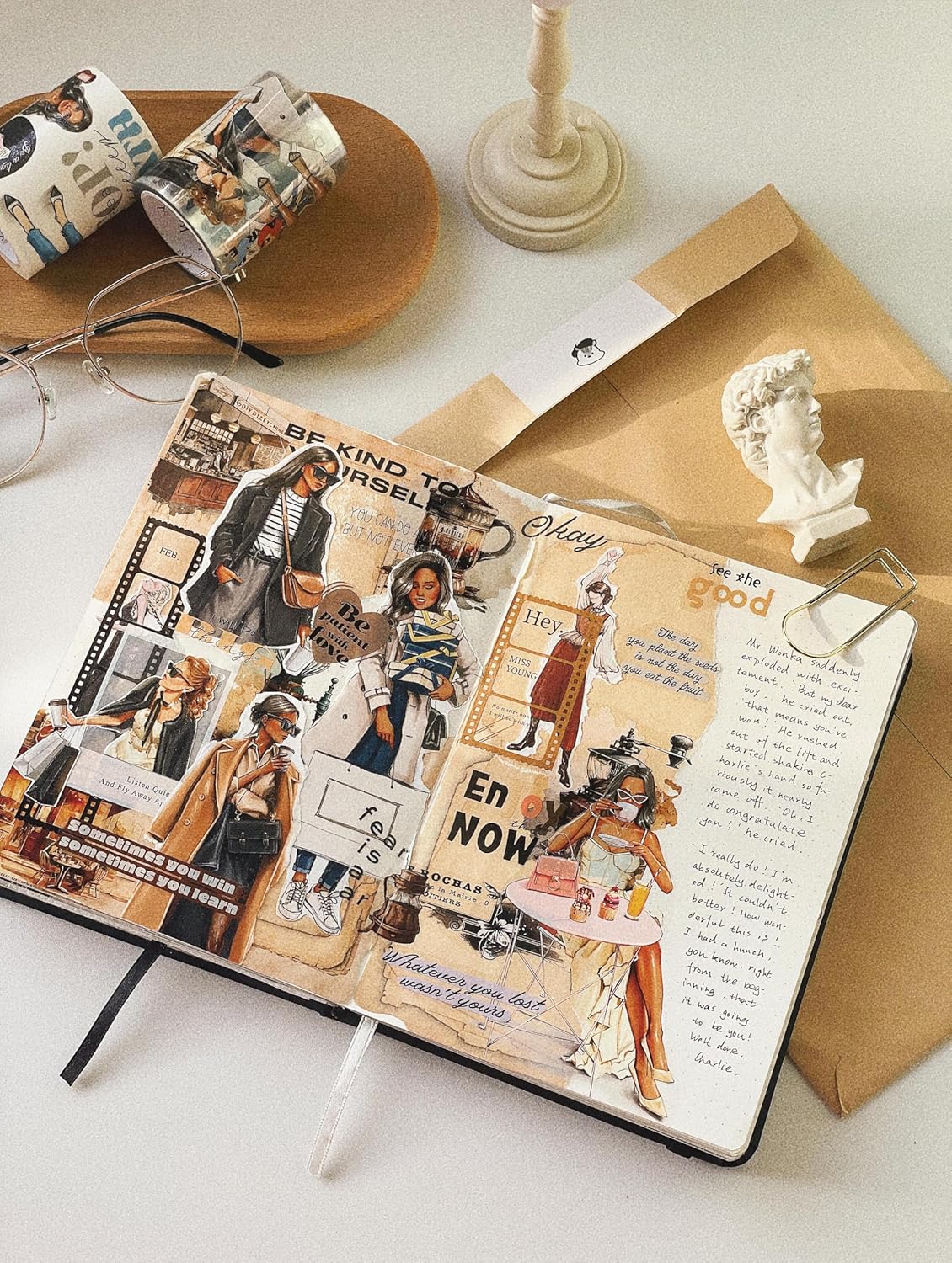 WT Wide PET Tape, Journal Scrapbook Bujo Planner DIY Craft Supplies, Chic Attitude, Fashion Outfit Girls Decorative Tape, Characters, Transparent Clear Adhesive, Single Roll, Original Designs