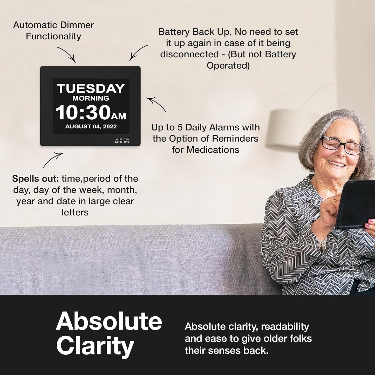 American Lifetime Large Digital Wall Clock for Seniors, Black Polished, 8-Inch High Resolution Display, Easy to Read, Customizable Alarms, Auto-Dimming, Multi-Language Support, Battery Backup