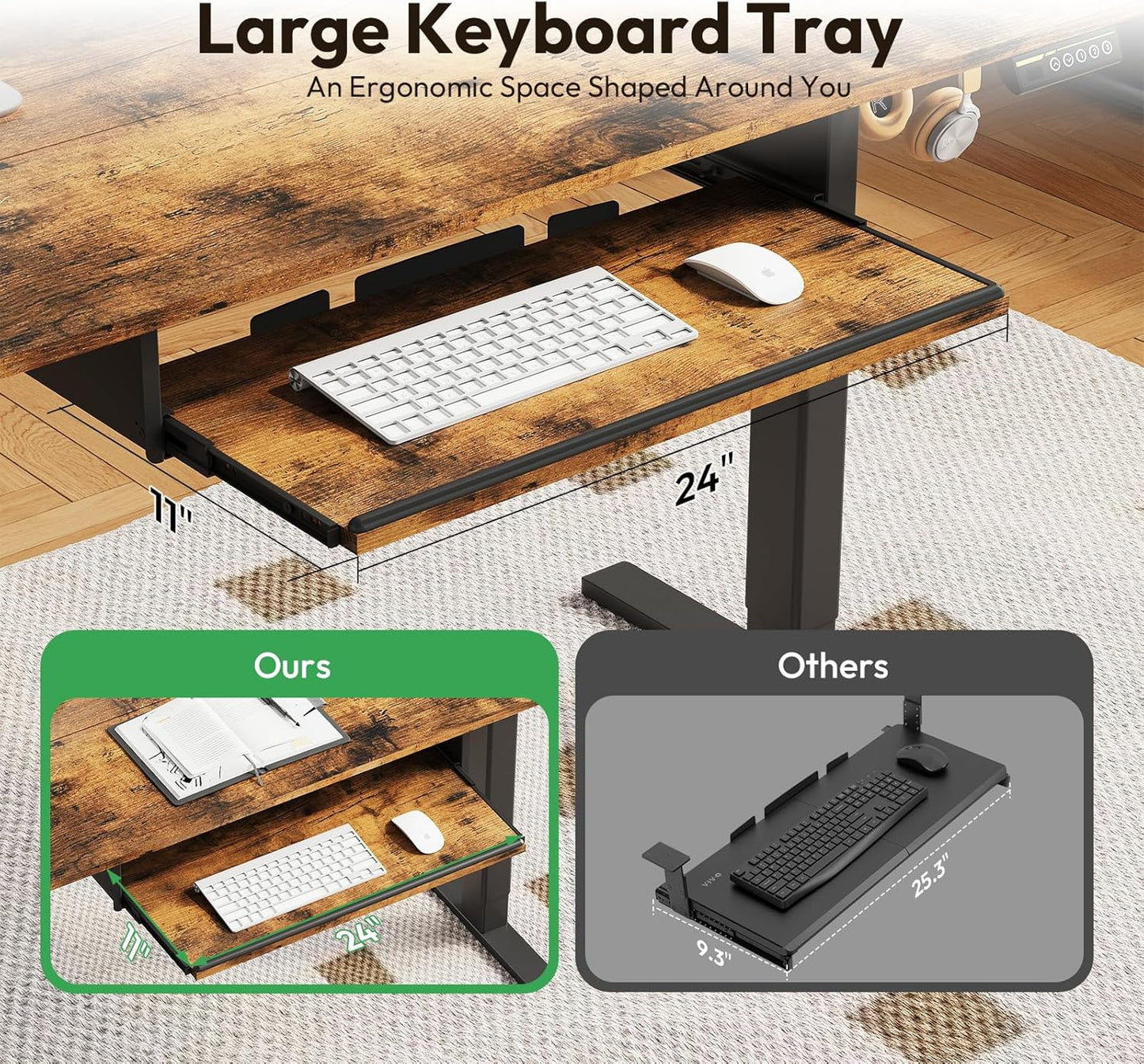 Electric Standing Desk with Keyboard Tray,48x24 inches Adjustable Height Stand Up Desk,3 Preset Heights,Equipped with Hooks,Raising Desks for Home Office and Computer Workstation,Black