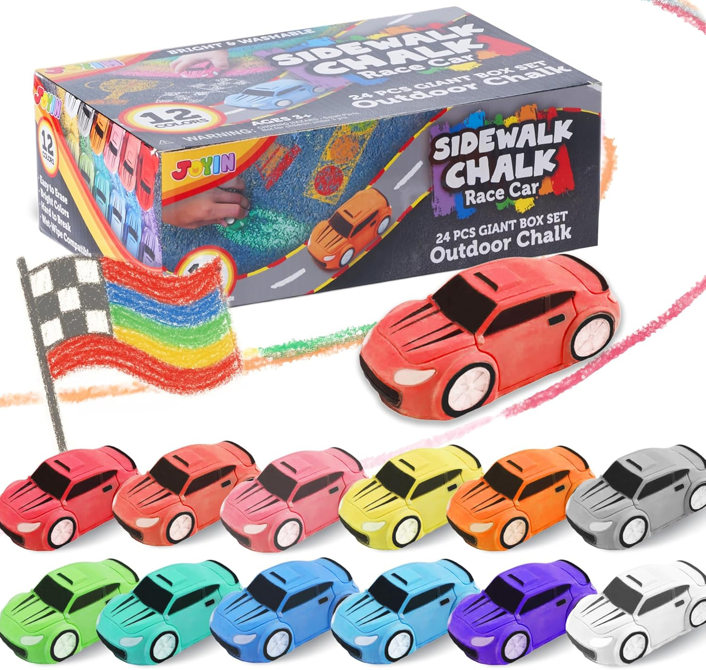 JOYIN 24PCS Race Car Sidewalk Chalk Bulk, Party Favors for Kids, Non Toxic Washable Jumbo Chalk,Toddler Outdoor Toys, Individually Wrapped, Birthday Gifts, Outside Toys (12 Colors)