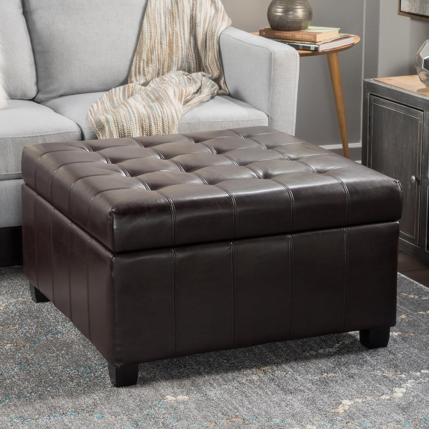 Large Square Storage Ottoman Upholstered Button Tufted Coffee Table with Solid Wood Legs, 30" PU Leather Foot Stool Oversized Ottoman Foot Rest for Sofa Couch Living Room Bedroom, Brown
