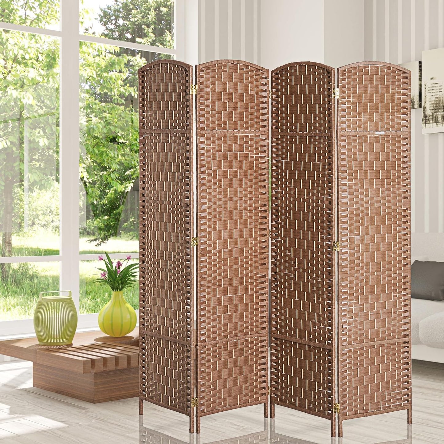 HOMCOM Room Divider 4 Panels Folding Privacy Screen 6FT Tall Portable Wicker Weave Partition Wall Divider for Bedroom Home Office, Natural Wood - Lumora Desk
