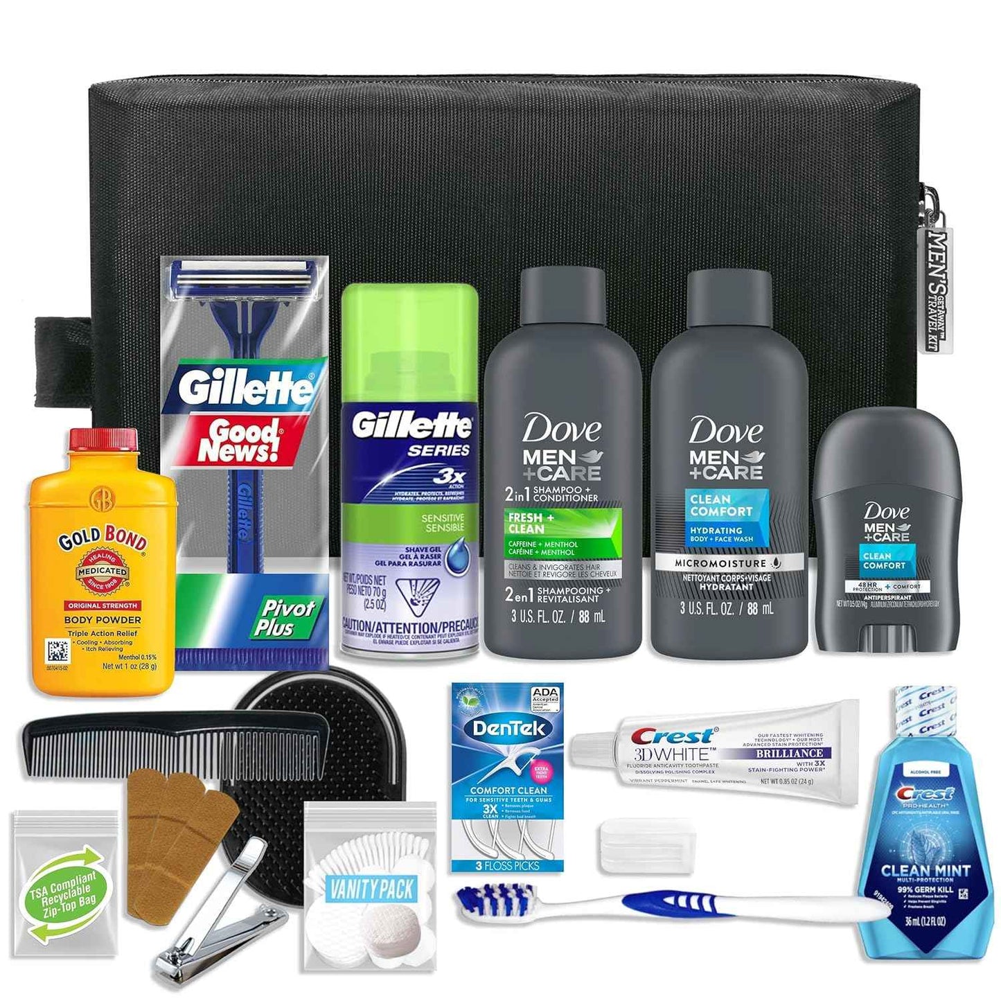 Convenience Kits International Men’s Premium 20-Piece Kit with Travel Size TSA Compliant Essentials, Featuring: Dove Men & Care Products in Black Dopp Bag