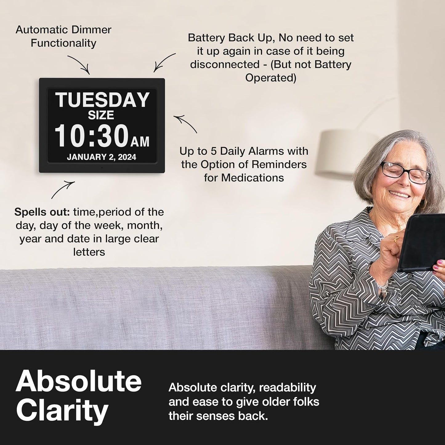 American Lifetime 【New 2024 Dementia Clock Large Digital Clock for Seniors, Digital Clock Large Display, Custom Alarms, Clock with Day & Date for Elderly, Large Number Digital Clock White, 15 Inch