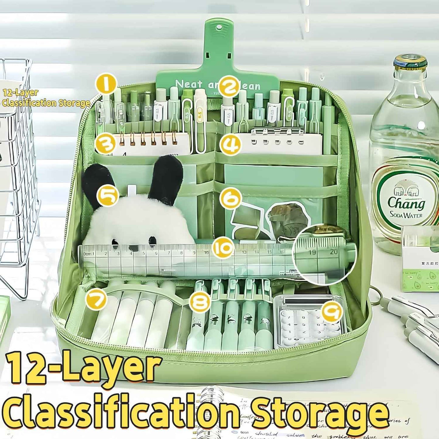 Kawaii Cute Aesthetic Pencil Case - Large Capacity Canvas Pen Pouch Bag (Green)