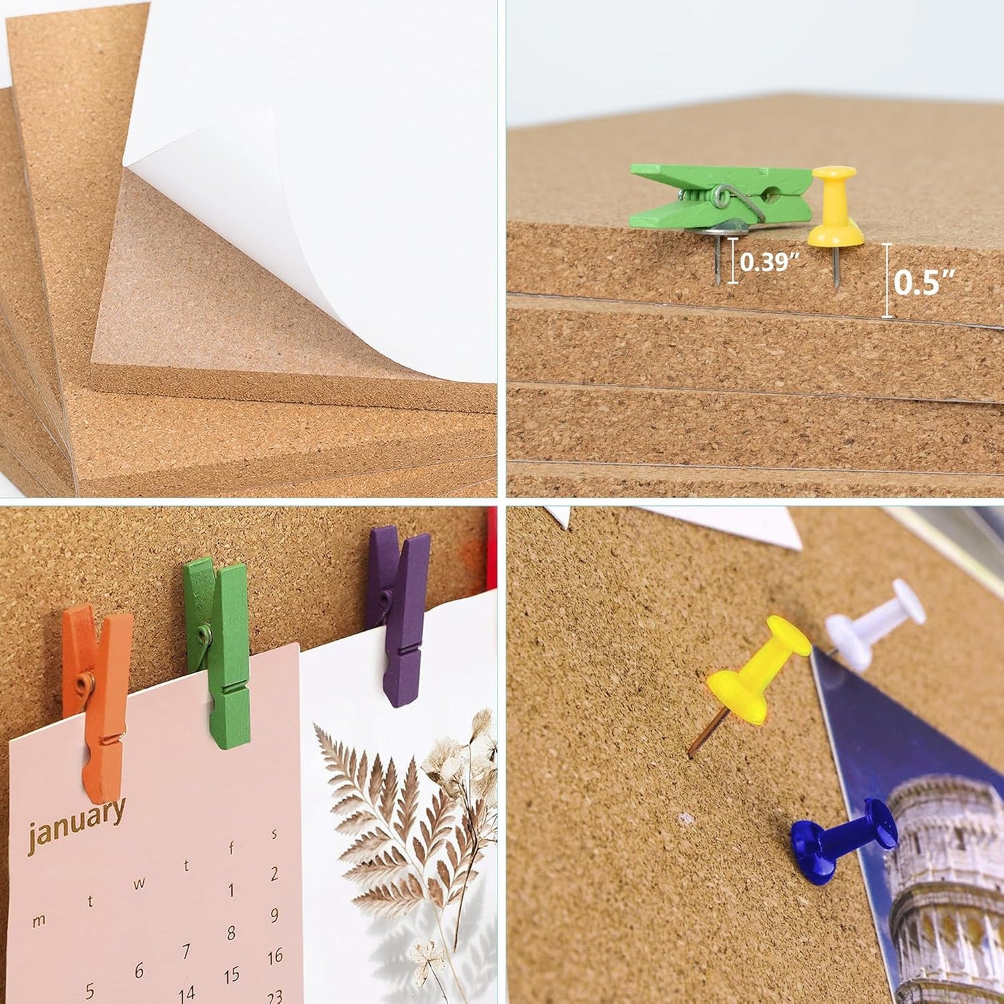 AKTOP Cork Board Bulletin Board 17"x8", 1/2" Thick Cork Board Tiles 10 Pack, Small Pin Board for Wall Decor, Self Adhesive Corkboards with 120 Push Pin Wood Clips for School, Home & Office - Lumora Desk