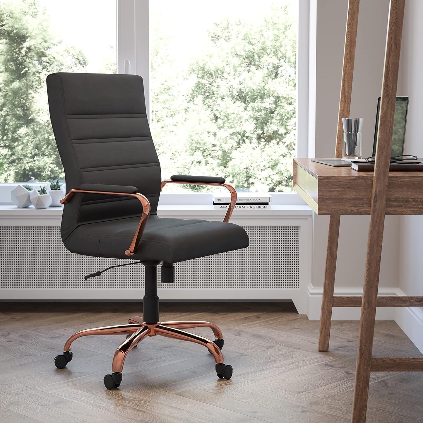 Flash Furniture Whitney High-Back Swivel LeatherSoft Desk Chair with Padded Seat and Armrests, Adjustable Height Padded Office Chair, Black/Rose Gold