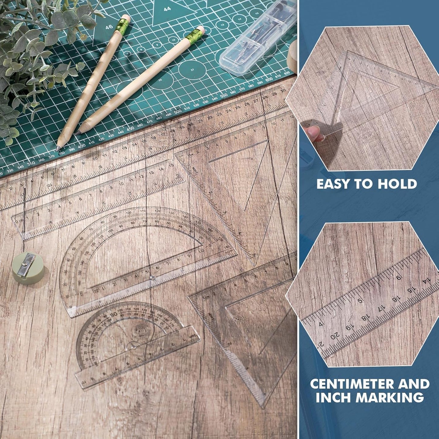 Tenare 6 Pcs Plastic Ruler Math Set Includes 12 Inch 6 Inch Straight Protractor Triangle Geometry Transparent Math Ruler Measuring Tools for School Office Home(Clear)