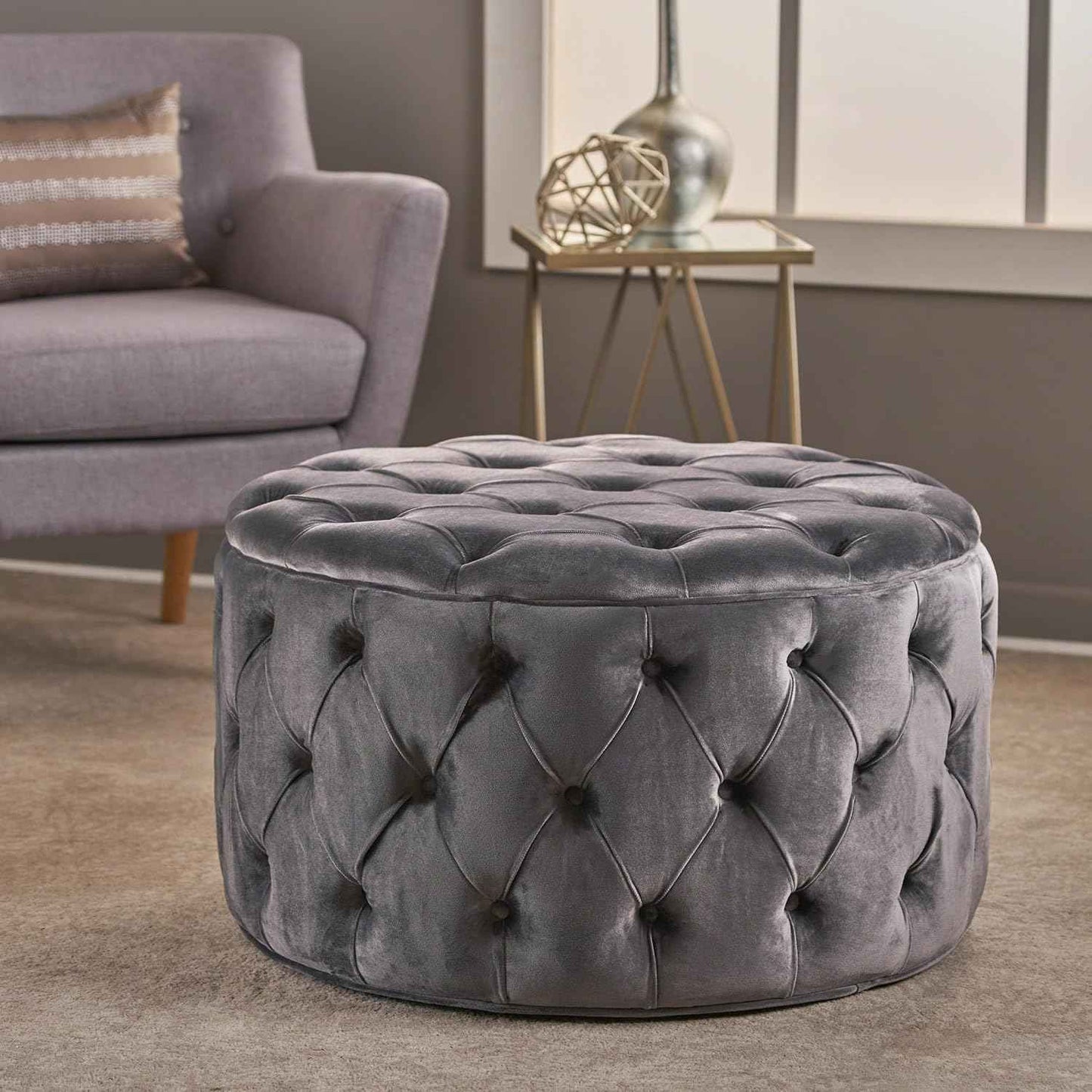 29.5'' Velvet Ottoman Large Round Ottoman Coffee Table Button Tufted Upholstered Foot Stool Oversized Footrest for Living Room Bedroom (Grey)