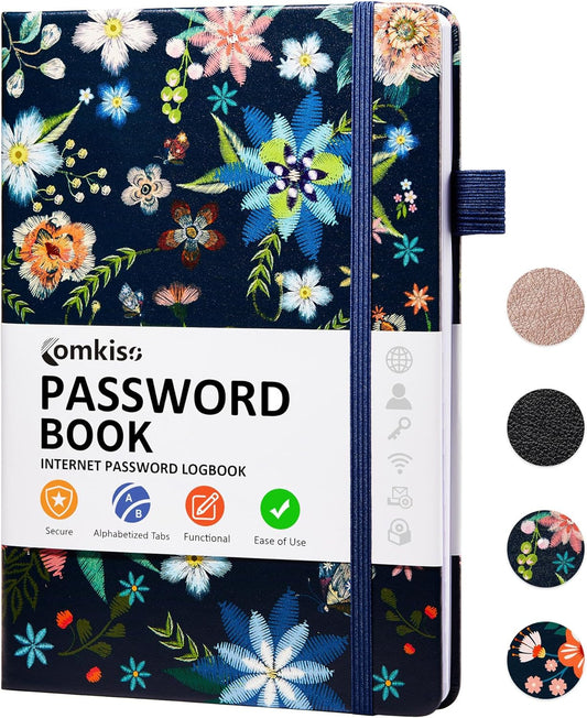 Password Book with Individual Alphabetical Tabs Laminated, Large Print Password Keeper Book for Seniors, A5 Hardcover Internet Password Log Book to Record Website Login Details - Bloom