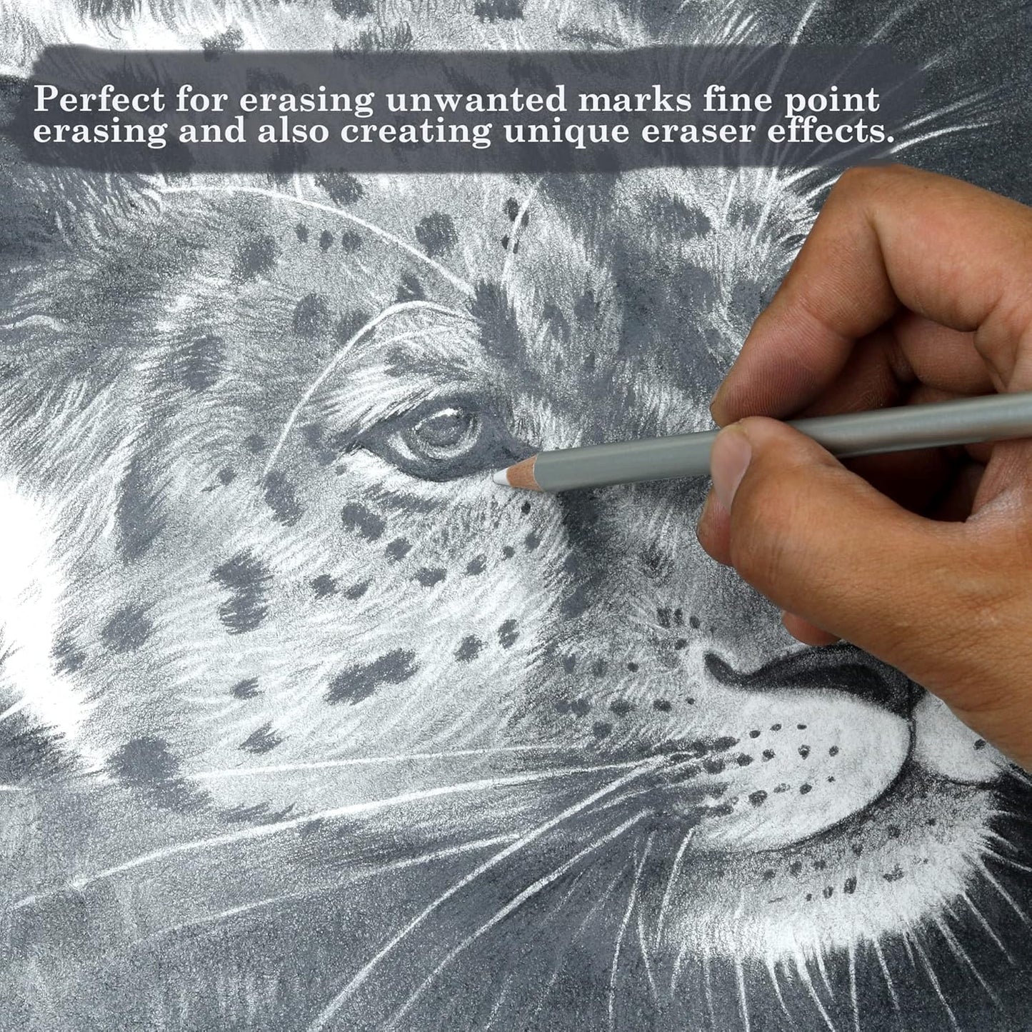 KALOUR Detail Eraser Pencil - 6pc Eraser Pencils with Brush and 2pc Sharpener,Erasing Small Details or add Highlights for Sketching, Charcoal Drawings. Fine Detail Eraser for Beginners & Artists