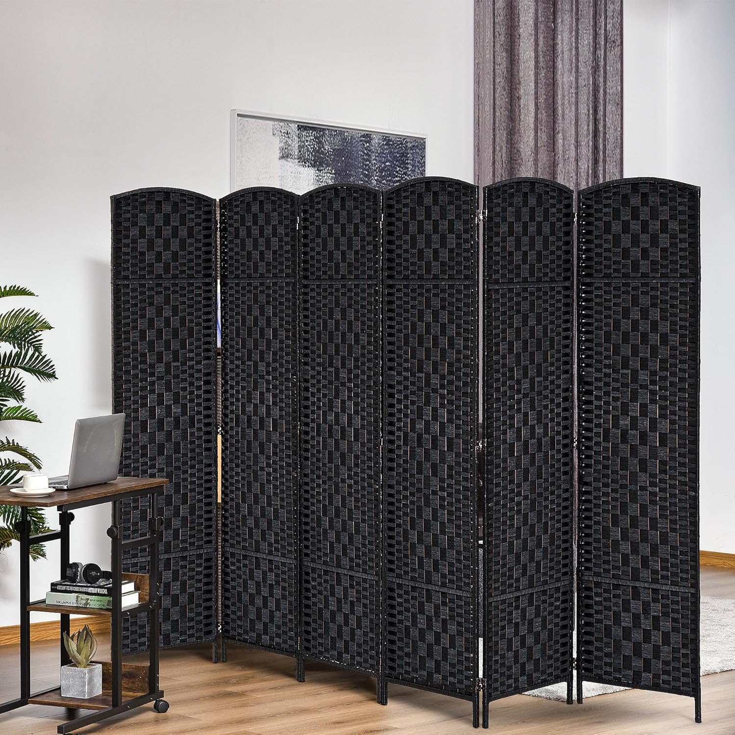 HOMCOM Room Divider, 6 Panel Folding Privacy Screen, 6FT Tall Portable Wicker Weave Partition Wall Divider for Bedroom, Home Office, Black - Lumora Desk