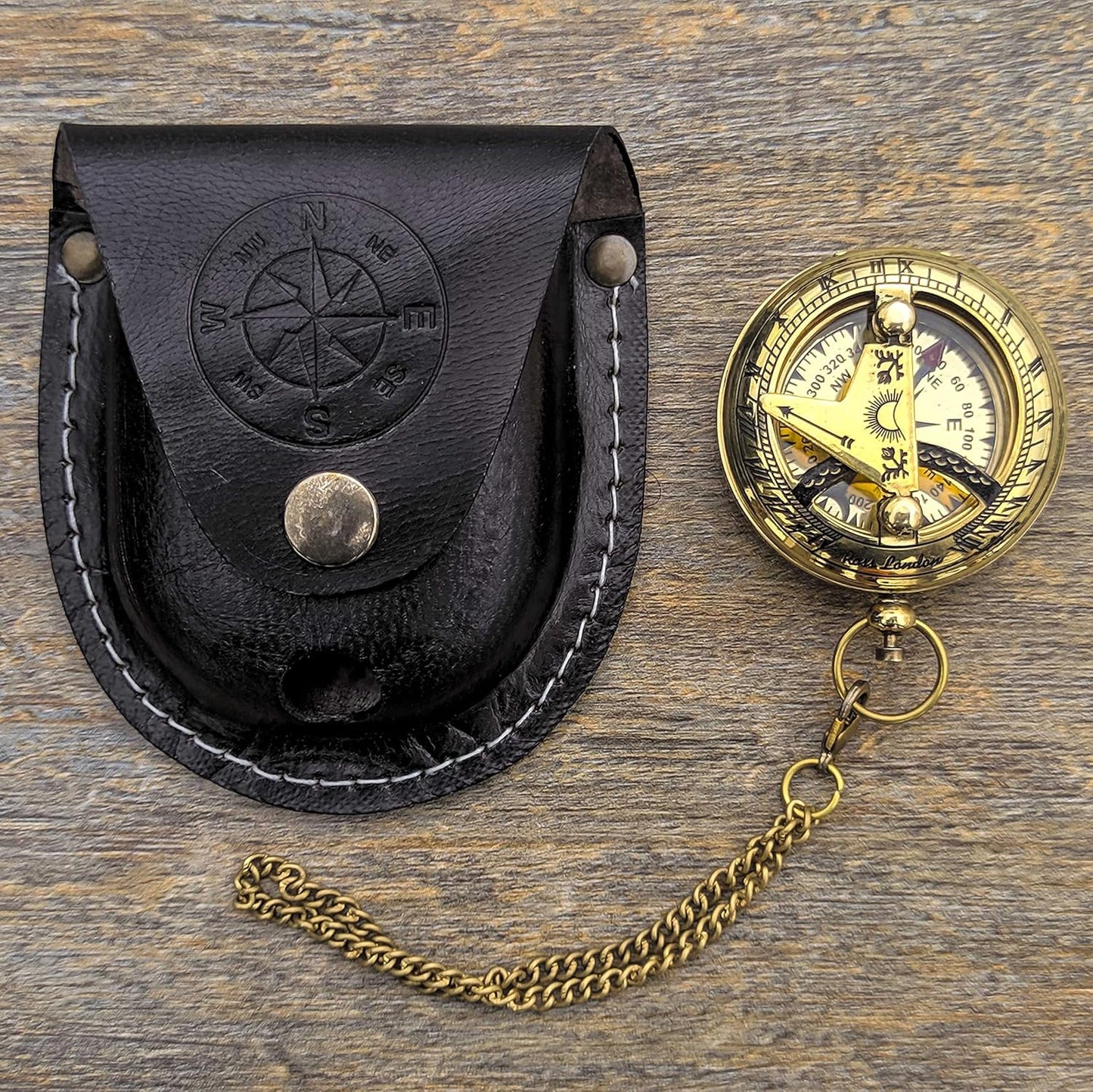 Brass Sundial Compass with Leather Case and Chain - Push Open Compass - Steampunk Accessory - Pocket Sundial Compass - Beautiful Handmade Gift -Sundial Clock, Gold, 2 Inch