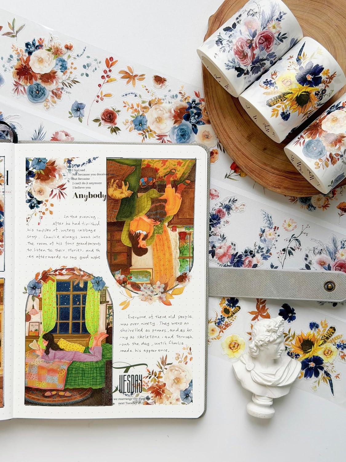 WT Pre-Cut Sunflower & Navy Wide Washi Tape, 60mm Width, Single Roll, Floral Decorative Tape for Journaling, Planners, Bujo, DIY Crafts, Original Design Paper Tape