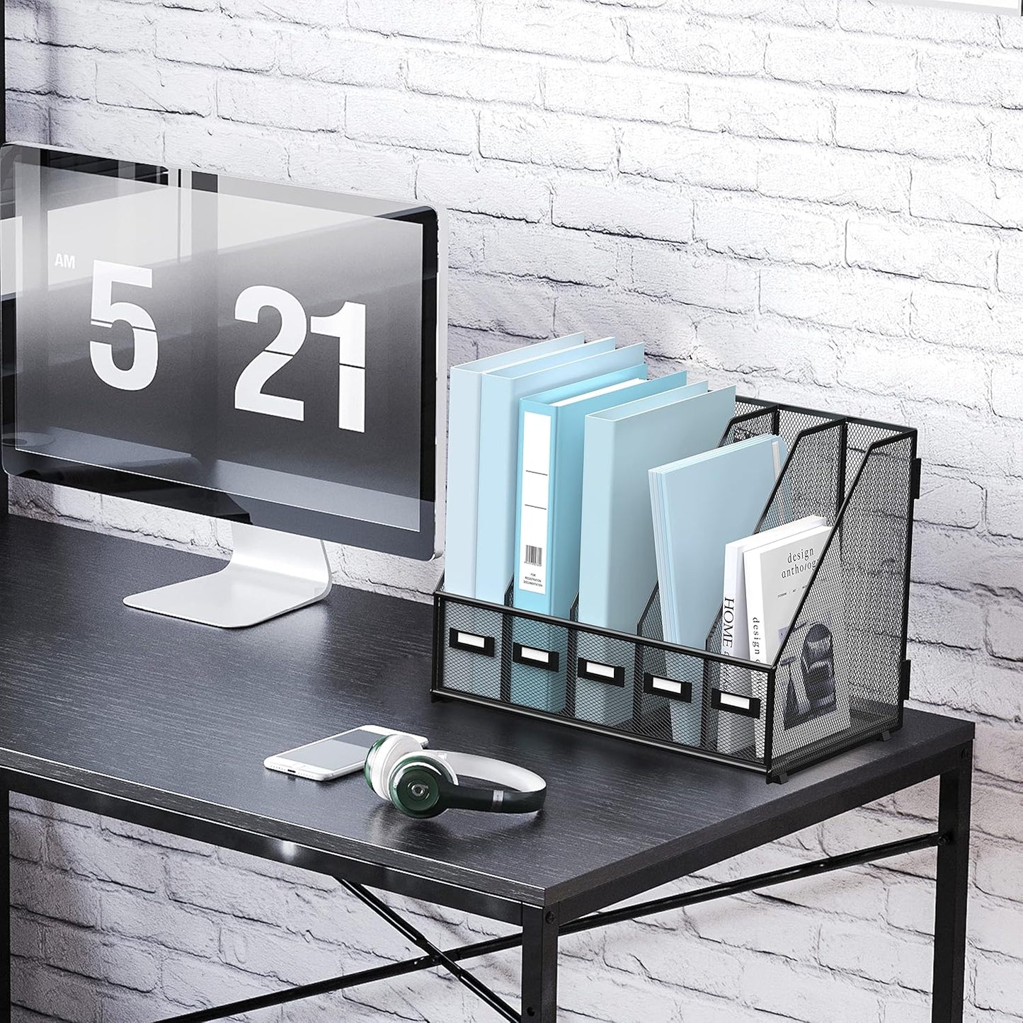 SUPEASY Desk Organizers Metal Desk Magazine File Holder with 5 Vertical Compartments Rack File Organizer for Office Desktop, Home Workspace, Black