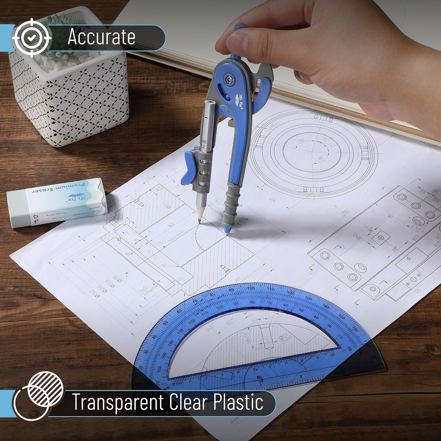 Mr. Pen- Compass and Protractor Set, Midnight Blue, Compass Geometry Tool, Protractor and Compass Set, Compass Drawing Tool, Drawing Compass, Geometry Compass, Math Compass for Geometry