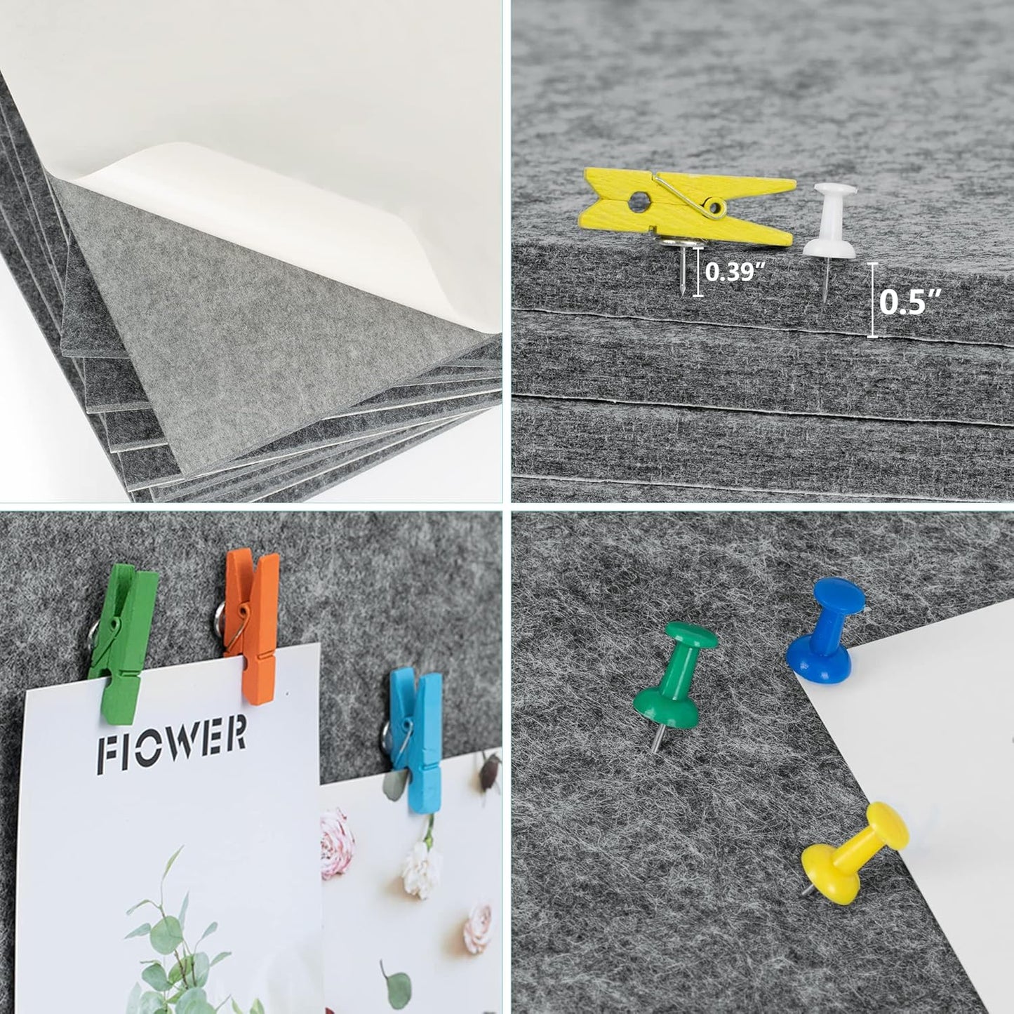AKTOP Cork Bulletin Board 12x12, 1/2" Thick Felt Cork Board Tiles 12 Pack, Small Square Pin Board for Wall, Self Adhesive Corkboards with 120 Push Pin Wood Clips for School, Home & Office, Grey - Lumora Desk