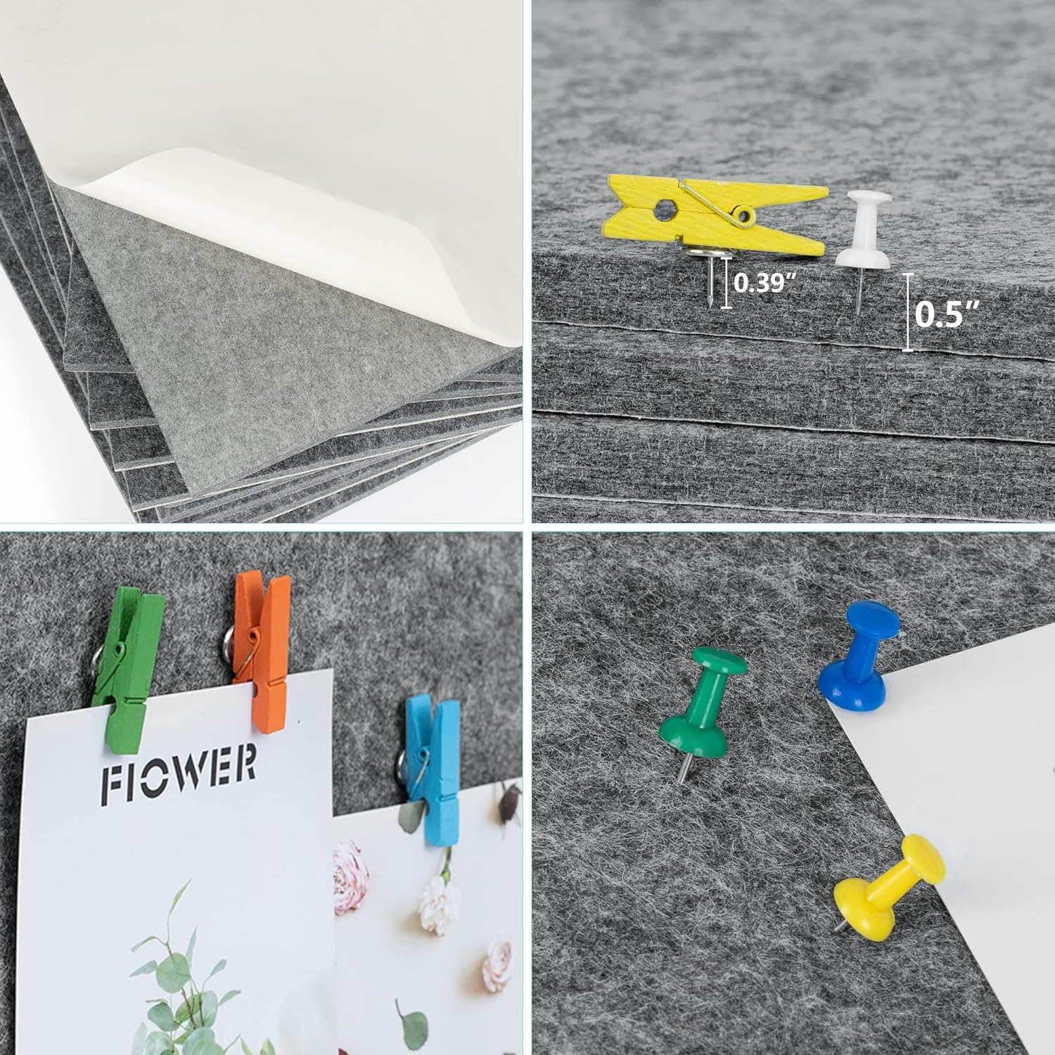 AKTOP Cork Bulletin Board 12x12, 1/2" Thick Felt Cork Board Tiles 12 Pack, Small Square Pin Board for Wall, Self Adhesive Corkboards with 120 Push Pin Wood Clips for School, Home & Office, Grey - Lumora Desk