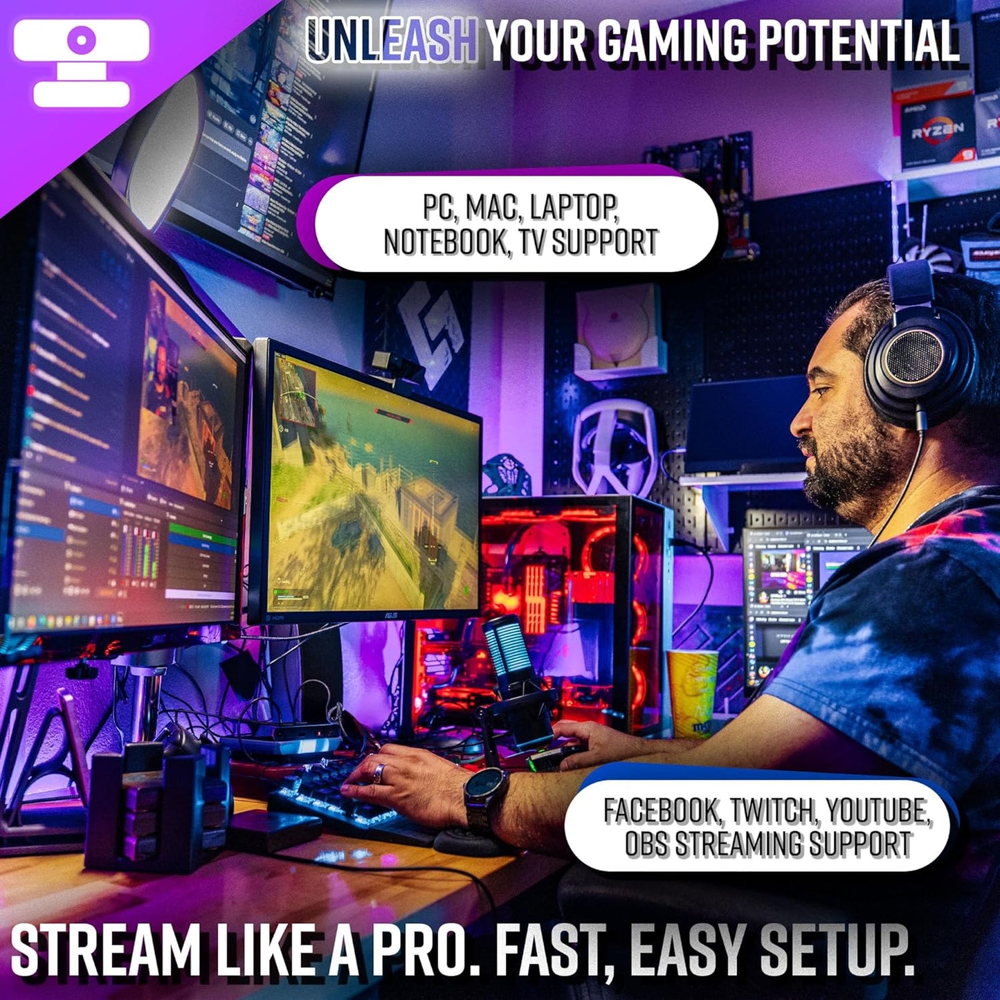Live Video Streaming Kit (Deluxe)-for Video Call, Gaming, Podcast, YouTube, Content Creation- Includes 2k 60 FPS Webcam, Professional Cardioid Microphone, and LED Flat Light for Android/MAC/Windows