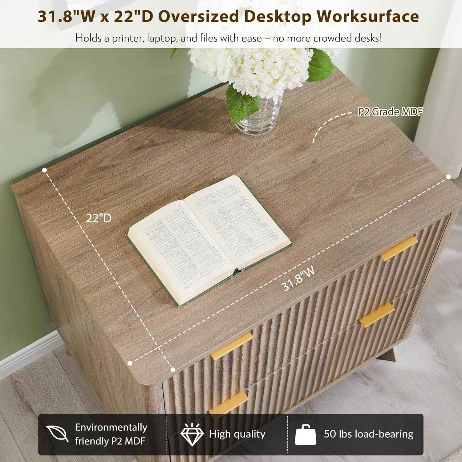 T4TREAM 2 Drawer File Cabinet, 31.8" W Fluted Lateral File Cabinet w/Files Hanging Rod for Letter/Legal/A4, Large Tabletop for Printer, Office Wood Printer Cabinets, Alder Grey (Gen 2)
