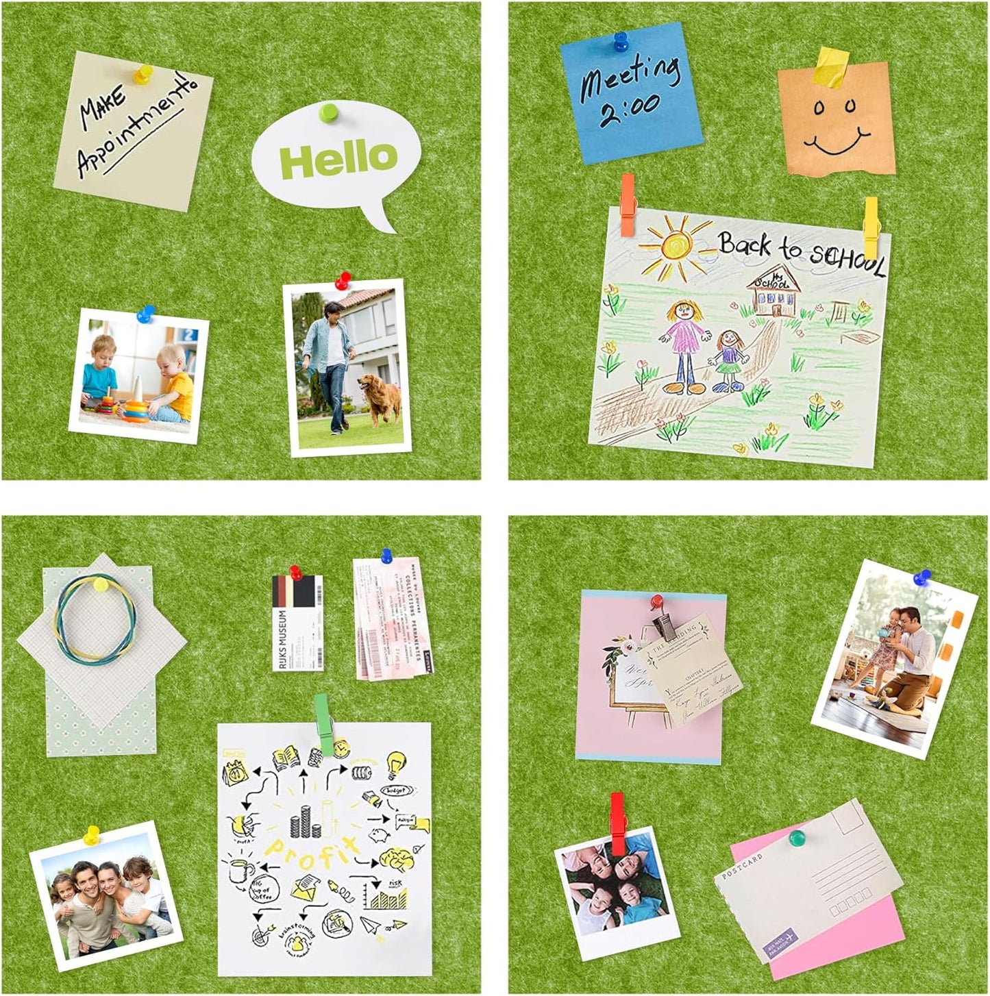 AKTOP Cork Bulletin Board 12x12, 1/2" Thick Felt Cork Board Tiles 6 Pack, Small Square Pin Board for Wall, Self Adhesive Corkboards with 60 Push Pin Wood Clips for School, Home & Office, Green - Lumora Desk