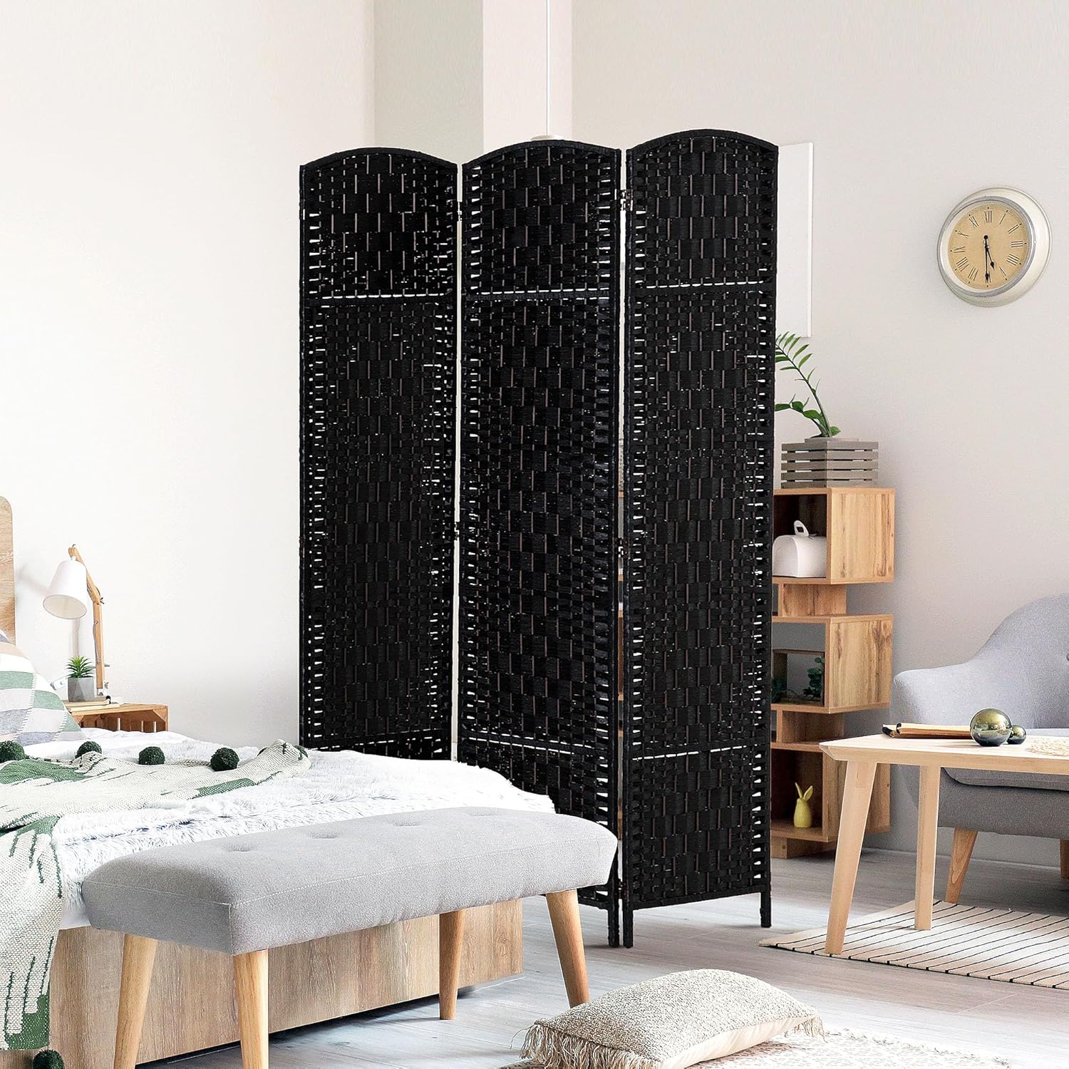 HOMCOM Room Divider, 3 Panel Folding Privacy Screen, 6FT Tall Portable Wicker Weave Partition Wall Divider for Bedroom, Home Office, Black - Lumora Desk