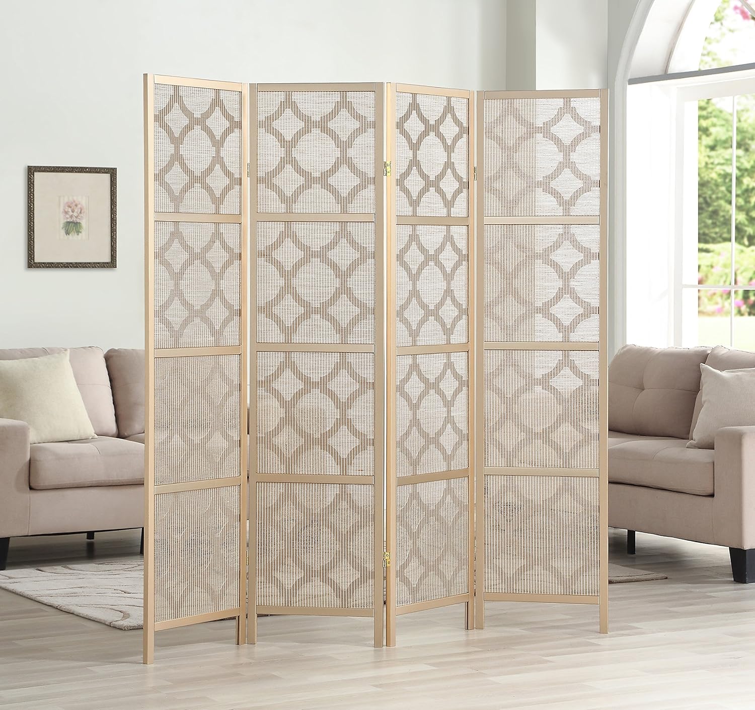 NicBex Room Divider 4 Panel Room Dividers with Quarterfoil Diamond Design Partition Room Dividers and Folding Privacy Screens Wall Divider for Home, Room Separation,69.28"W x 17.32"D x 70.31"H, Gold - Lumora Desk