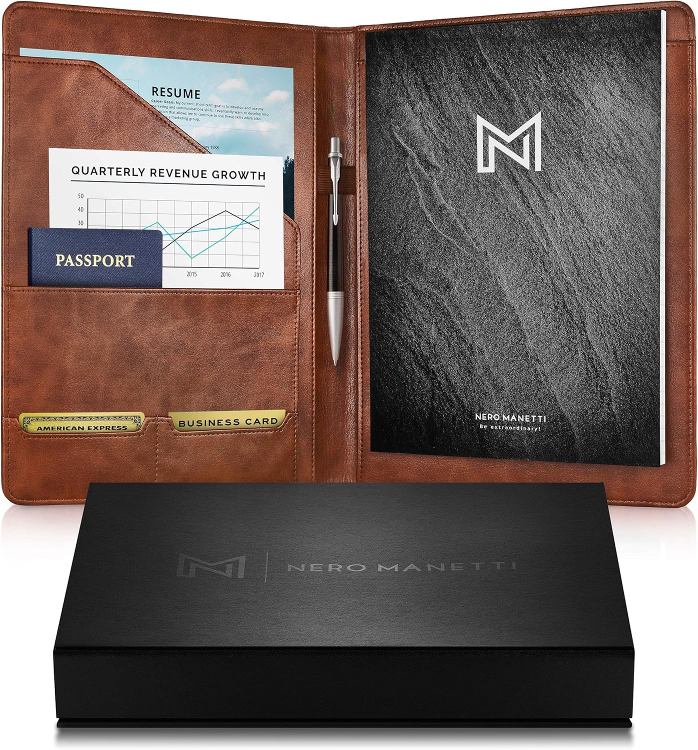 Nero Manetti - Leather Portfolio Folder - Business PU Leather Notepad Holder for Resumes, Legal Pad Executive Binder, Professional Padfolio Notebook for Women/Men (Brown)