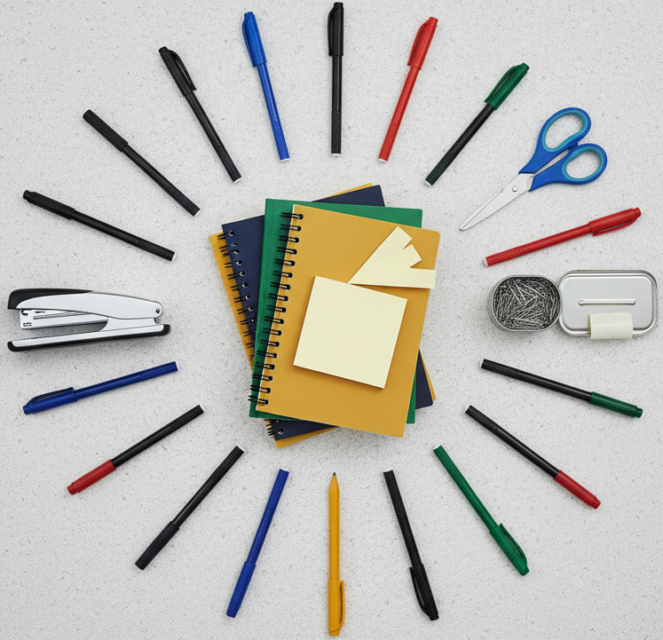 circle photo of office supplies, make a real photo